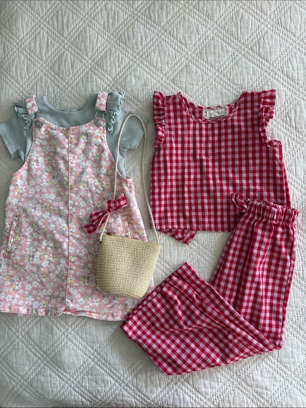 Btween Pink Gingham Wide-Leg Pants and Top and denim floral pink pinafore Sz 5
